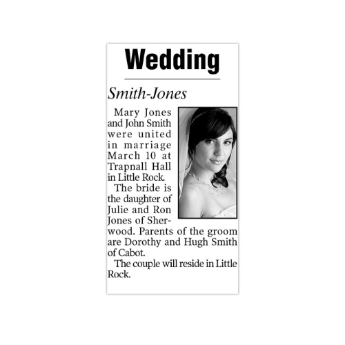 Basic Wedding Announcement with half-column photo of one person ($25)