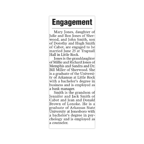 Deluxe engagement announcement (no photo) ($75)