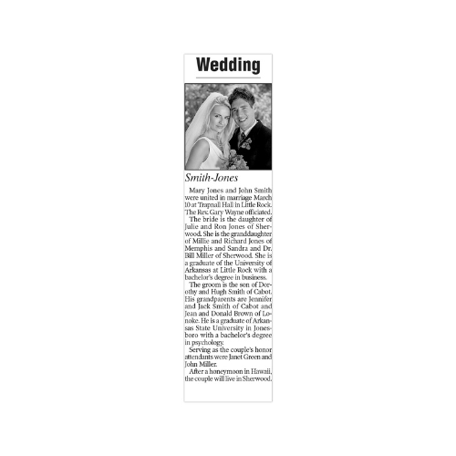Deluxe Wedding Announcement with full-column photo of two people ($150)