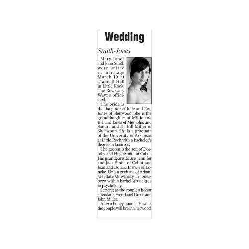Deluxe Wedding Announcement with half-column photo of one person ($125)